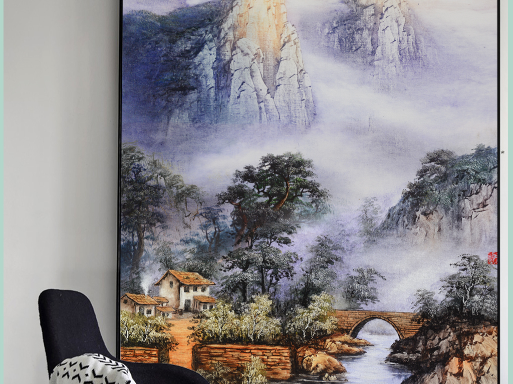 竖幅装饰油画玄关新中式富家山水