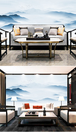 聚财水墨画背景墙|山水聚宝盆大气磅礴聚财山水画新中式水墨画