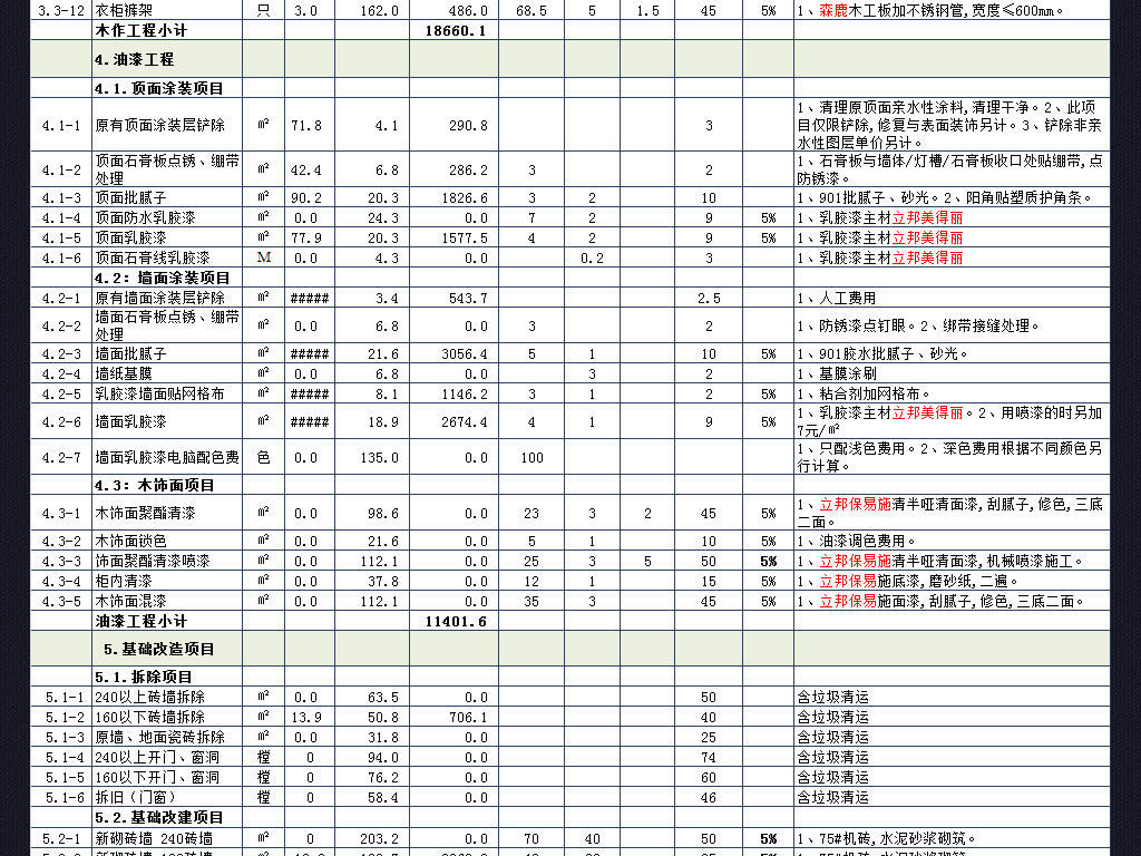 房屋装修预算清单造价报价表格模板管理系统