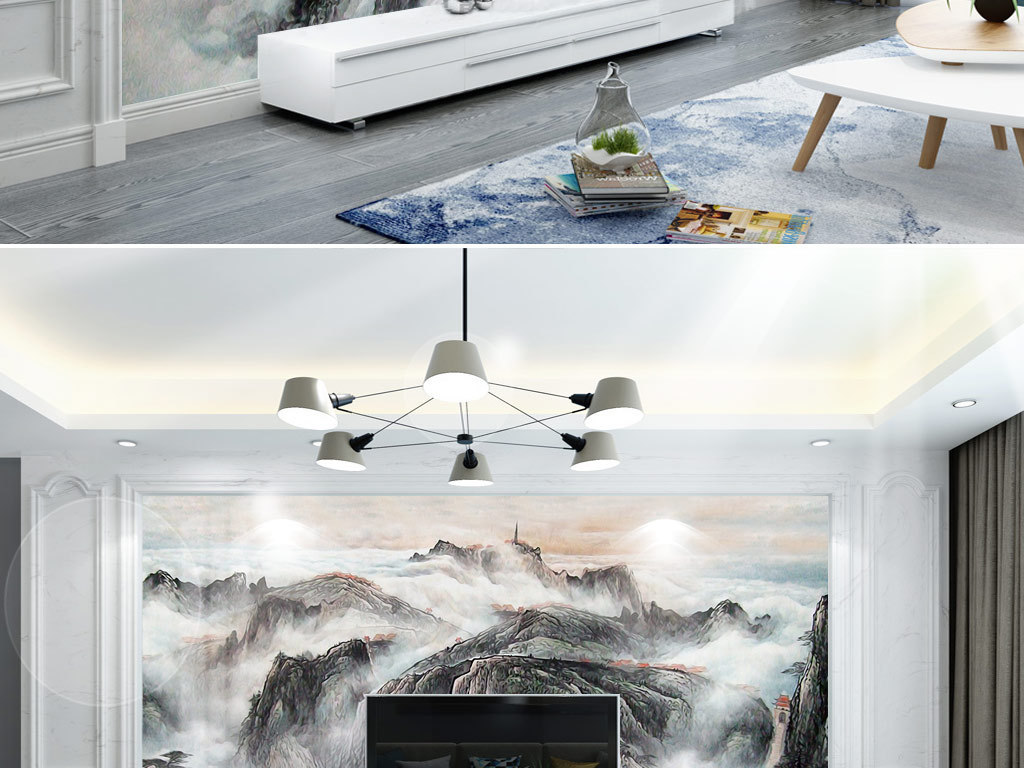 流水生财国画水墨山水电视背景墙书房装饰画