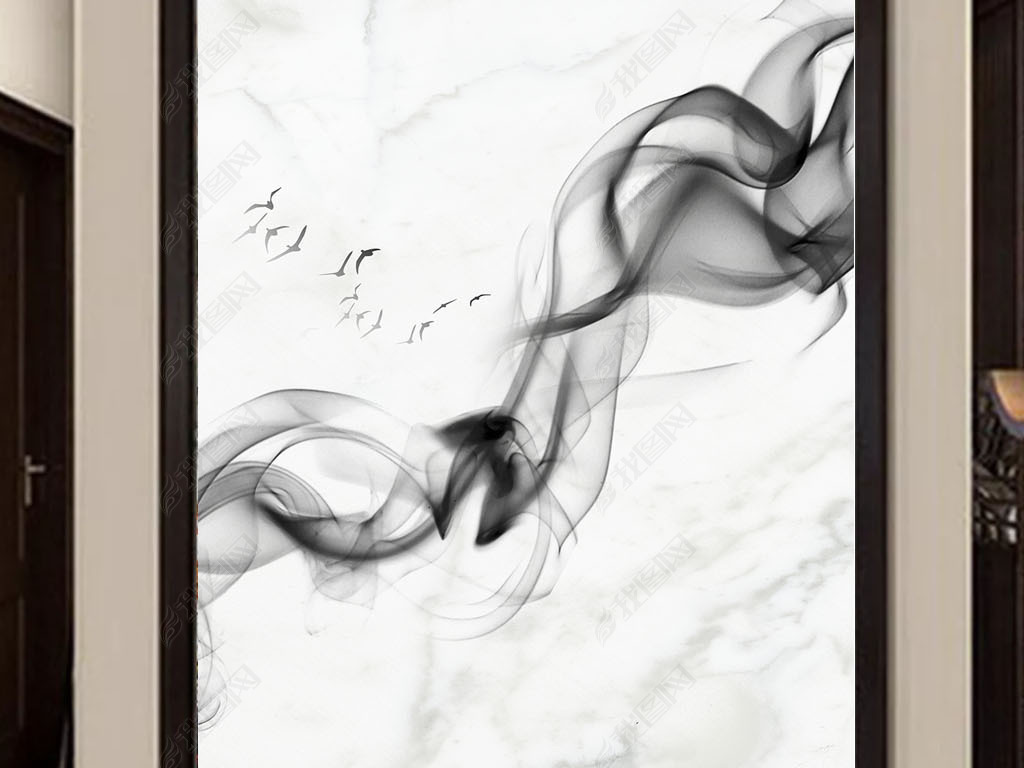 新中式流水生财抽象线条水墨山水背景墙