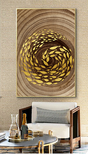 原创金箔轻奢创意年年有鱼年轮迎财客厅装饰画版权可商用