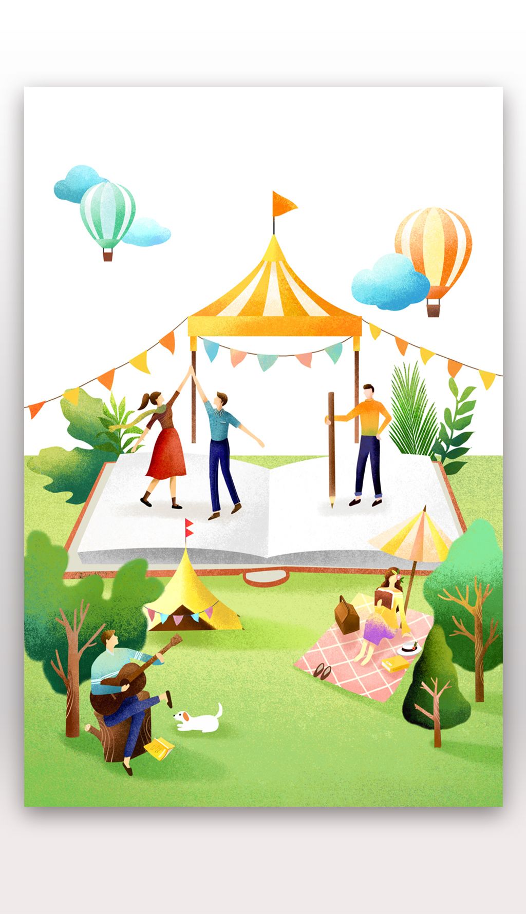 卡通手绘书籍阅读25d郊游玩耍聚会场景插图插画背景psd设计素材3