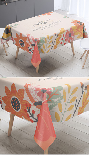 小清新水彩手绘花卉叶子小鸟桌布台布茶几布