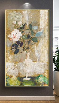新中式复古玫瑰花花瓶抽象油画装饰画