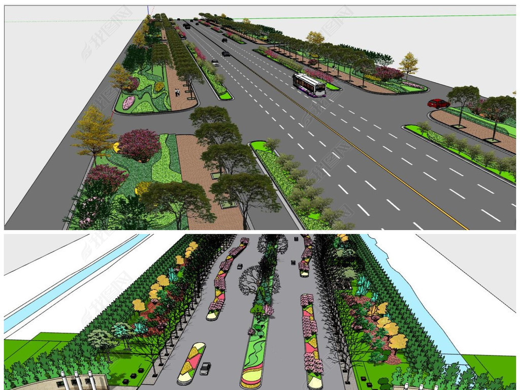 精品城市规划道路及道路绿化设计SU模型