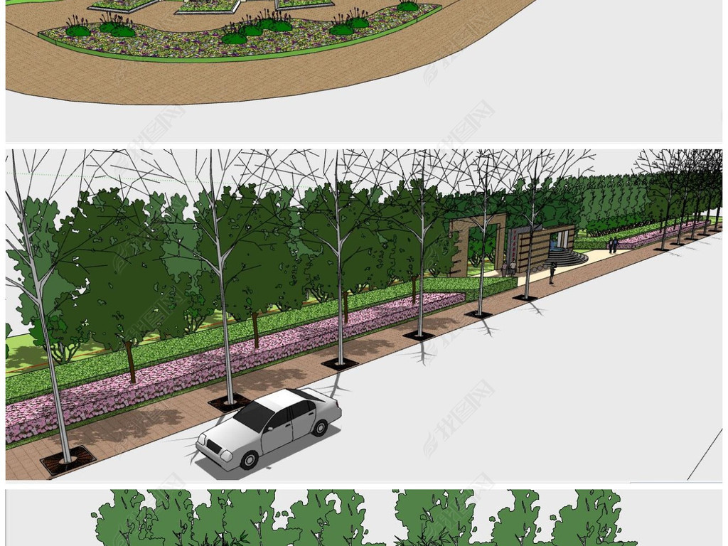 精品城市规划道路及道路绿化设计SU模型