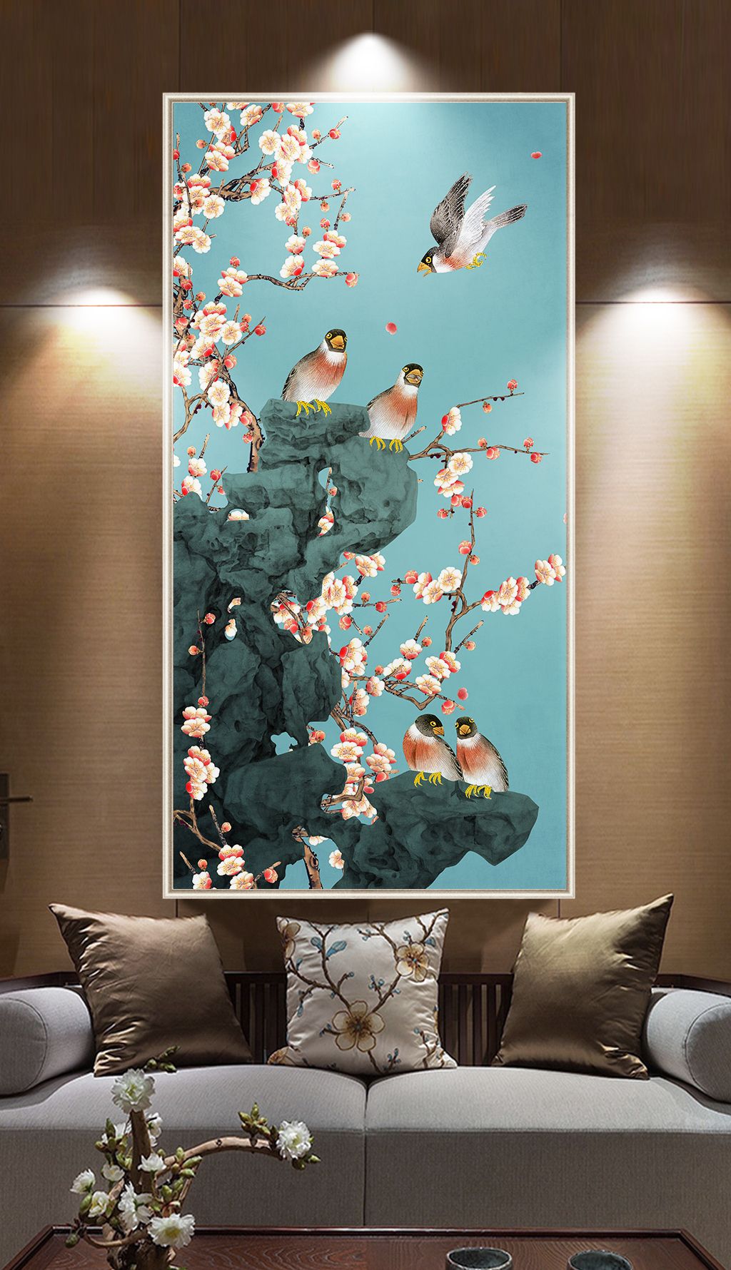 新中式群鸟梅花工笔花鸟玄关背景墙装饰画