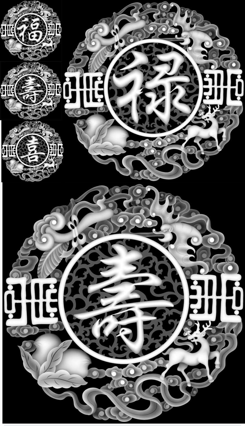古建灰度图bmp格式附精雕jdp雕刻福禄寿喜_圆形砖雕拉空图