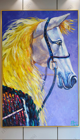 纯手绘黄鬃马油画艺术玄关