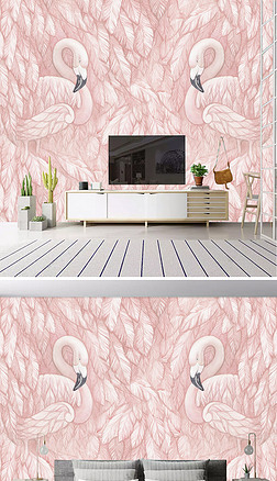 粉色手绘天鹅ins北欧风清新治愈系背景墙