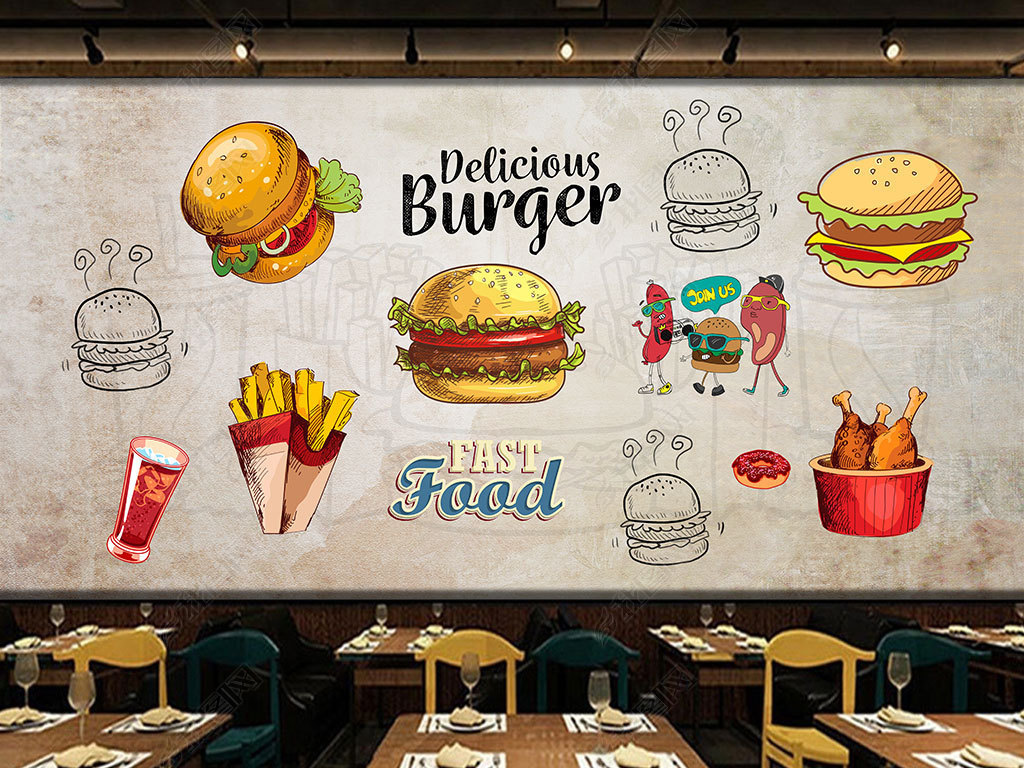 汉堡店墙绘图片