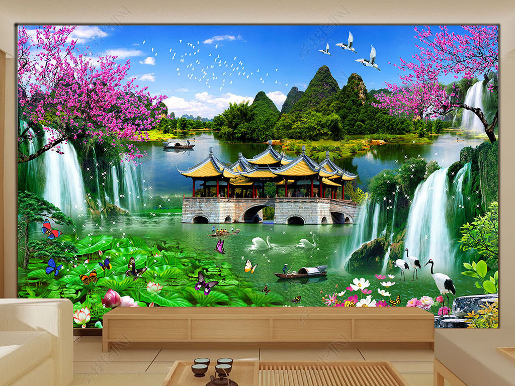 原创高清高山流水风风景画景背景墙壁画