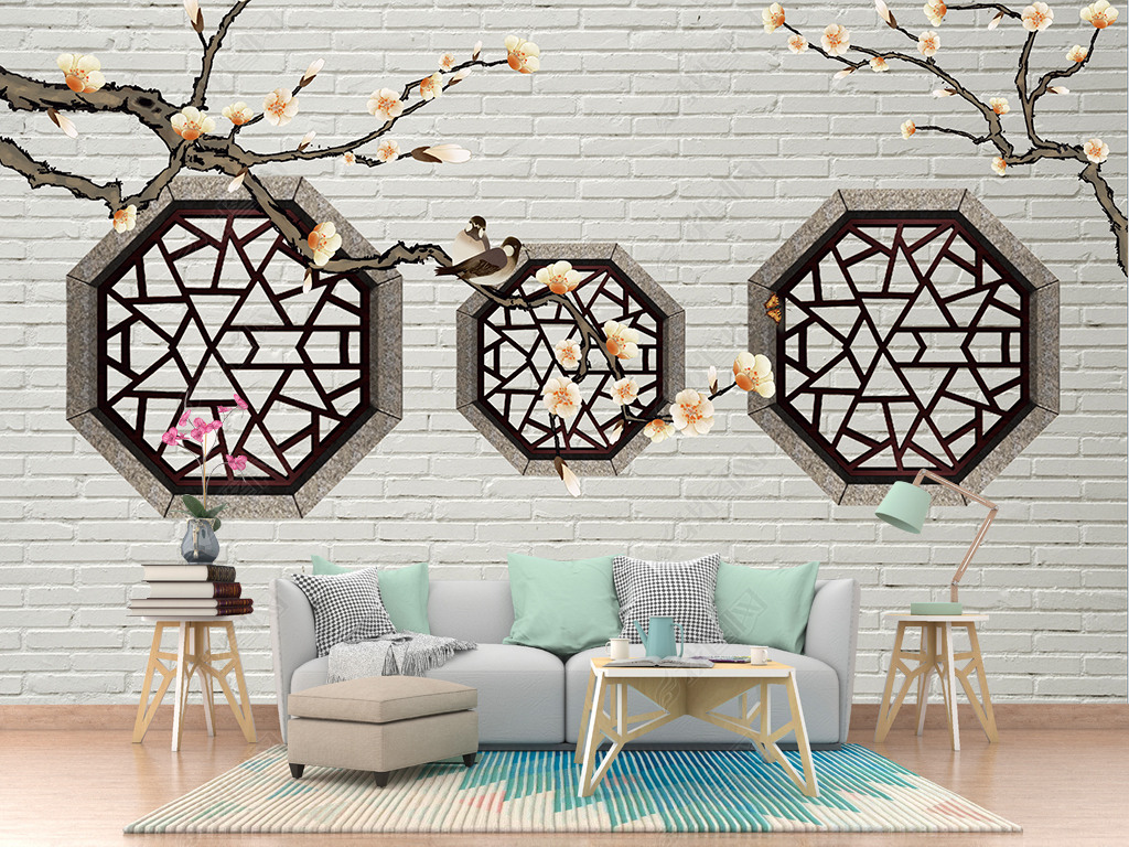 原创白梅花背景墙手绘梅花新中式砖墙背景墙