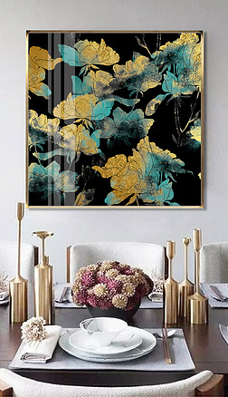 新中式现代轻奢花金色手绘玄关北欧装饰画