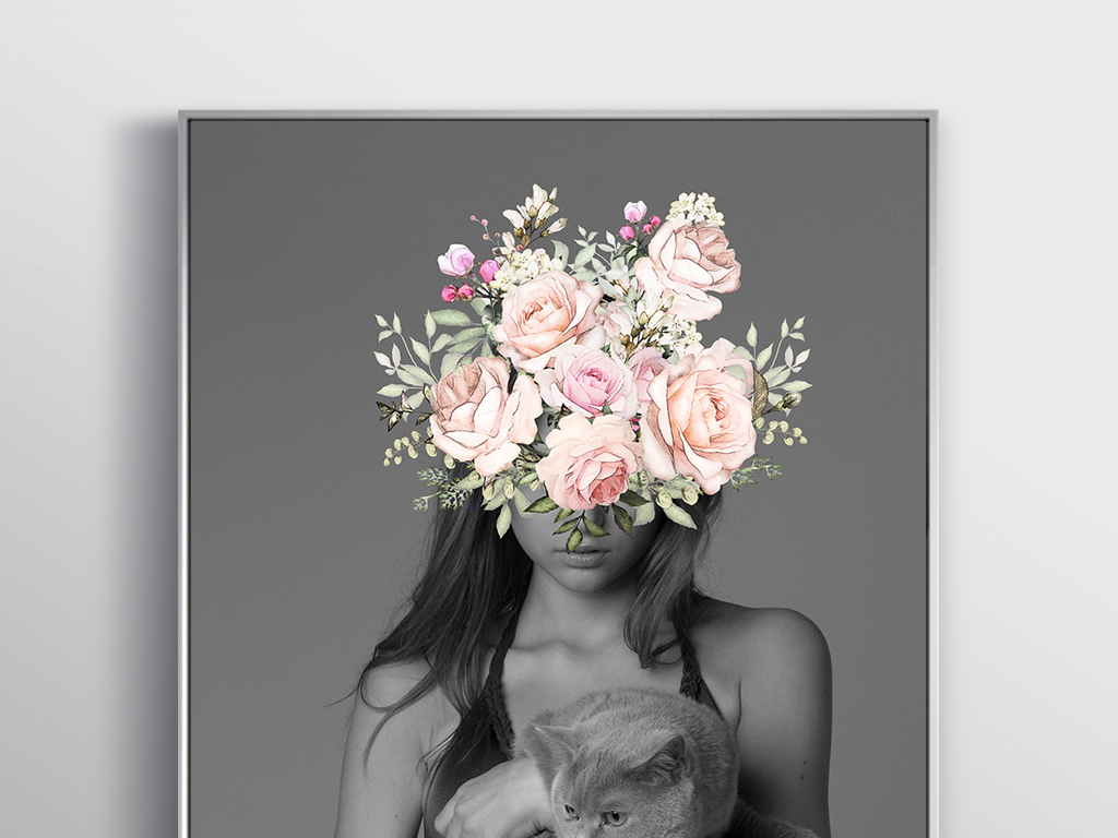 北欧简约抽象黑白现代插画手绘美女宠物猫花卉