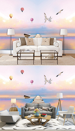 唯美地中海3d海景木桥马尔代夫电视背景墙