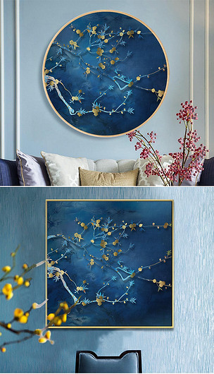新中式禅意抽象画梅花鸟金色晶瓷画装饰画下载-编号18833878-花鸟装饰