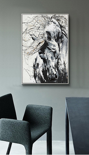 原创北欧简约手绘抽象黑白手绘马头油画现代艺术家居装饰画