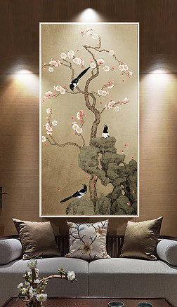 新中式仙鹤梅花工笔花鸟玄关背景墙装饰画