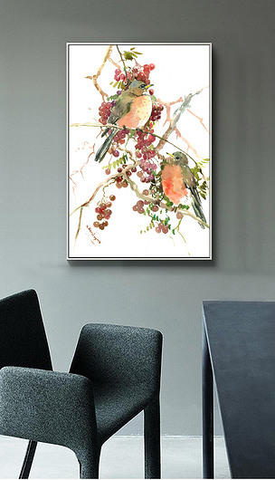 北欧手绘水彩花鸟油画北欧风艺术家居装饰画