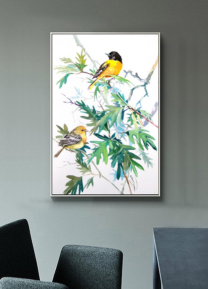 北欧简约手绘抽象花鸟油画现代艺术家居装饰画