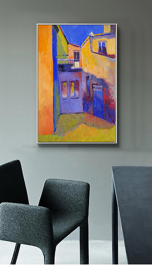 现代简约手绘抽象彩色房子油画北欧风艺术家居装饰画