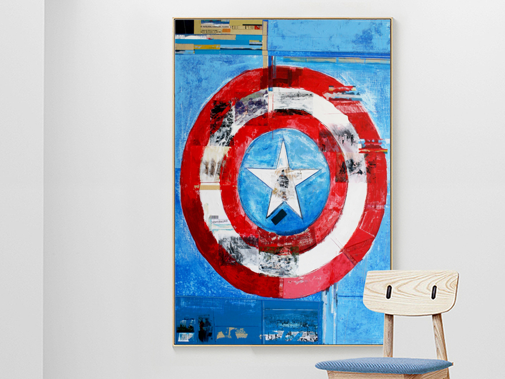 现代简约手绘美国队长盾牌油画北欧风艺术家居装饰画
