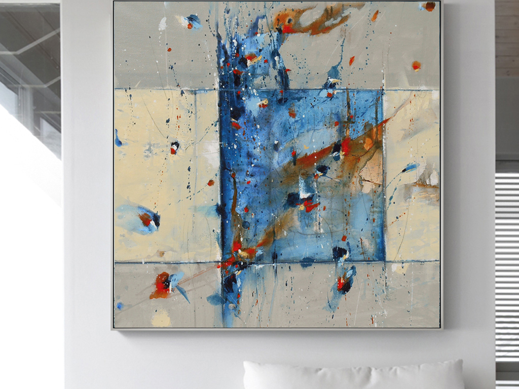 现代简约蓝色泼墨抽象油画背景装饰画无框画