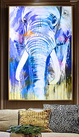 象 油画装饰画|纯手绘彩色块象现代艺术油画玄关