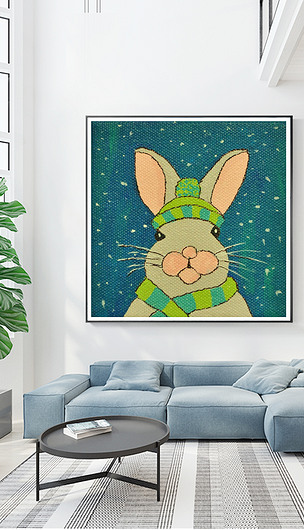 现代简约手绘卡通兔子油画儿童房背景墙装饰画无框画