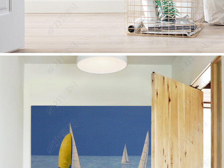 北欧简约唯美现代风景帆船海平面大气手绘抽象