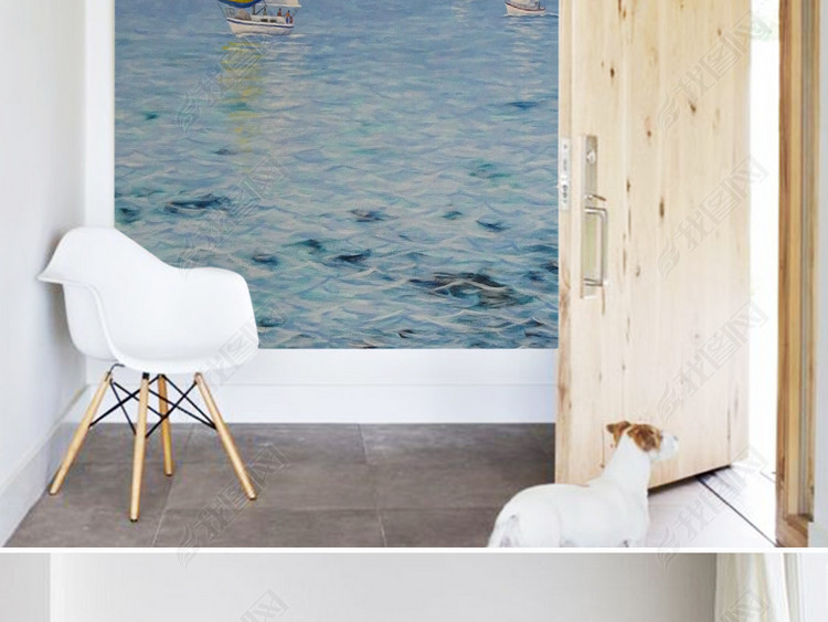 北欧简约唯美现代风景帆船海平面大气手绘抽象