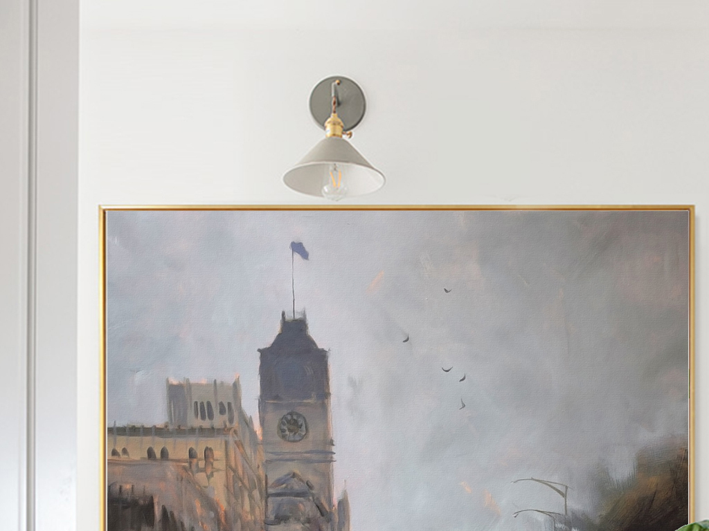 北欧简约唯美现代风景教堂城堡建筑大气手绘抽