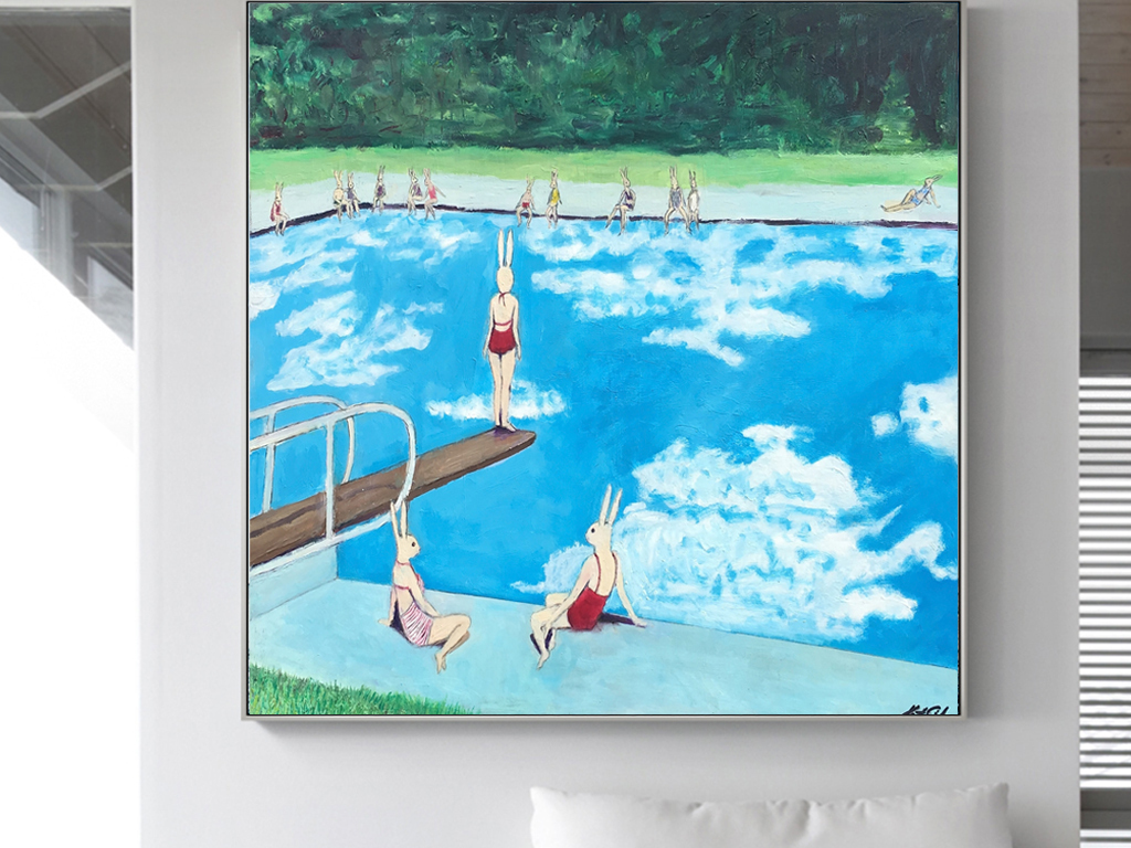 欧式手绘抽象兔子泳池跳水现代艺术装饰画无框画