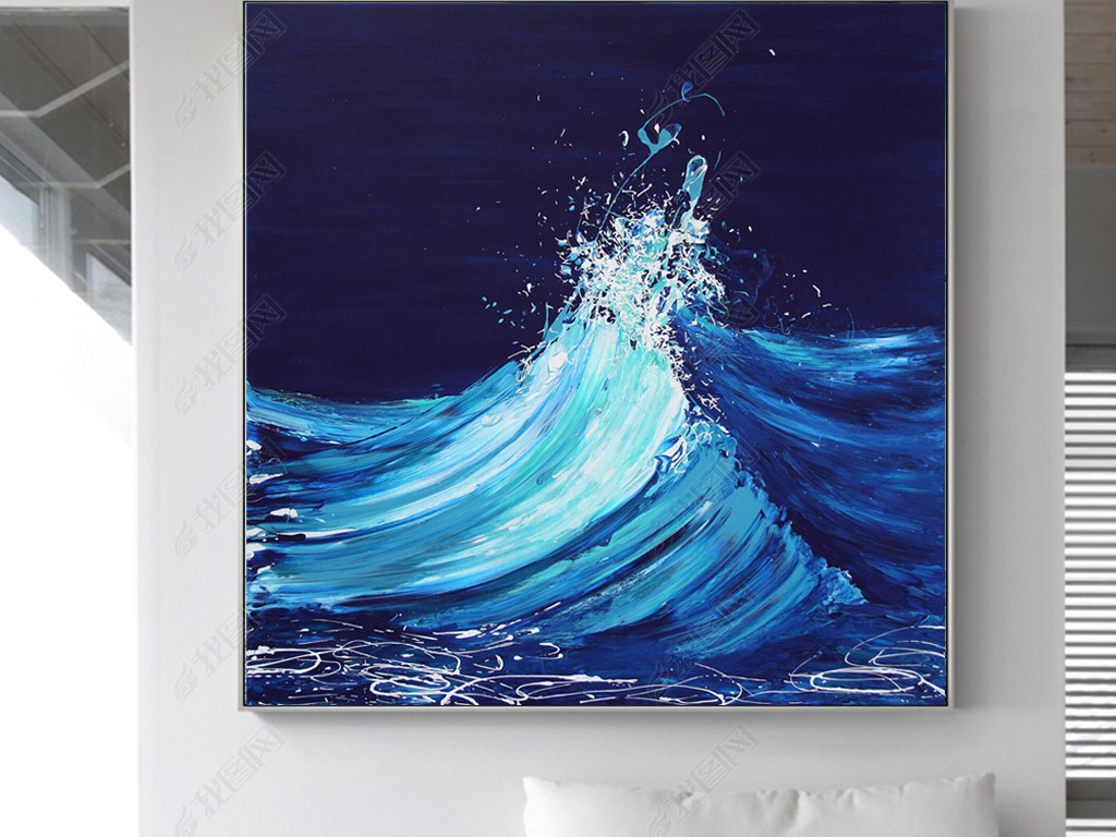 北欧简约手绘抽象蓝色海浪油画现代艺术装饰画无框画