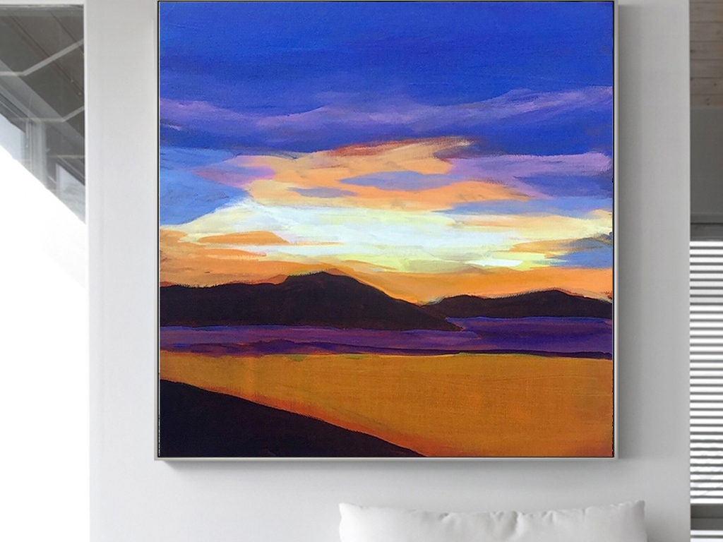 红霞晚霞大海风景抽象北欧手绘欧美装饰画无框画