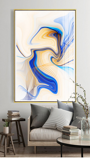 现代简约蓝色抽象线条曲线几何玄关装饰画