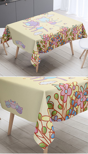 手绘花卉跳舞的猫咪台布桌布茶几布