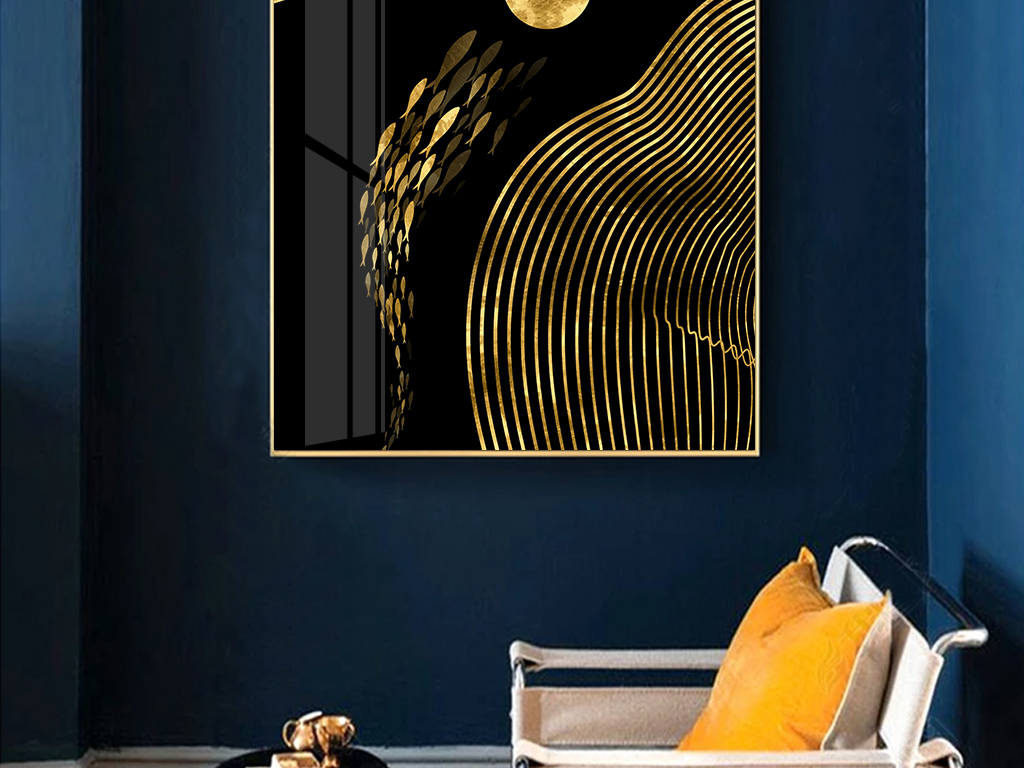 新中式轻奢黑金抽象线条鱼现代装饰画图片设计素材_高清模板下载(149.