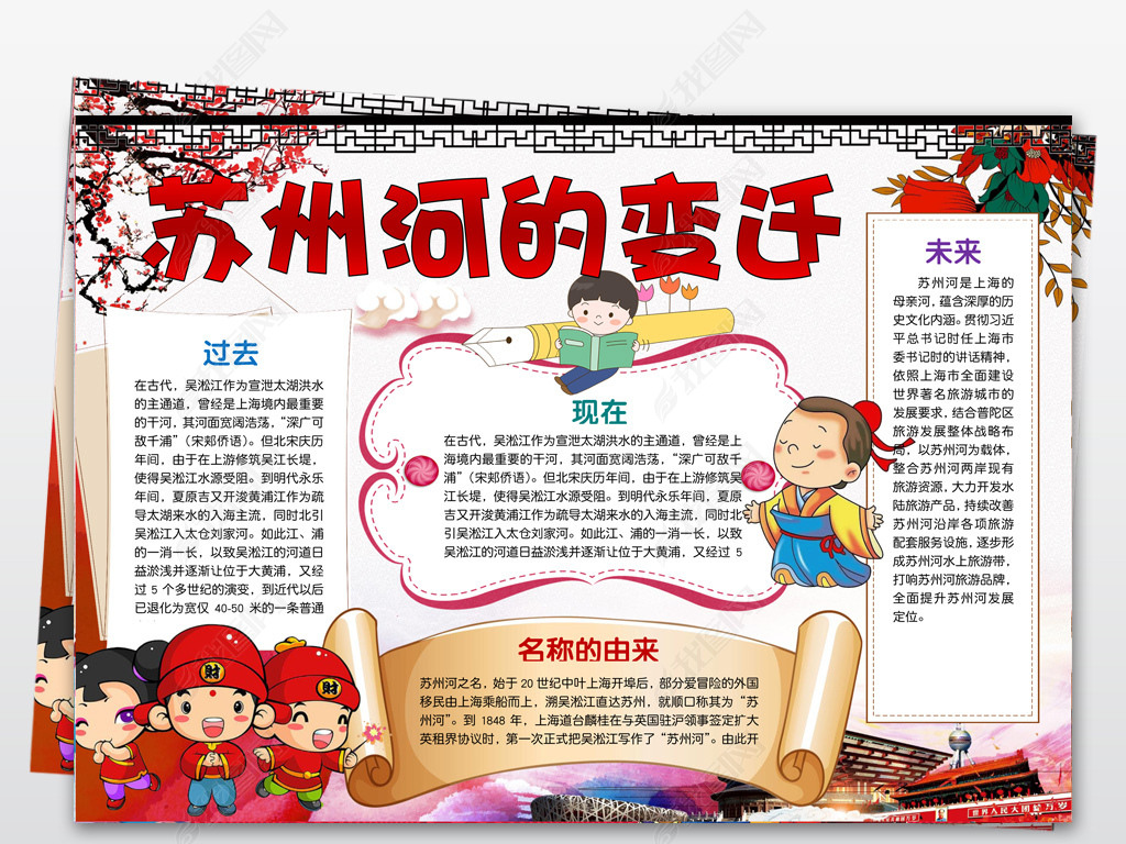 原创我爱家乡小报家乡变化电子手抄报苏州河的变迁小报版权可商用