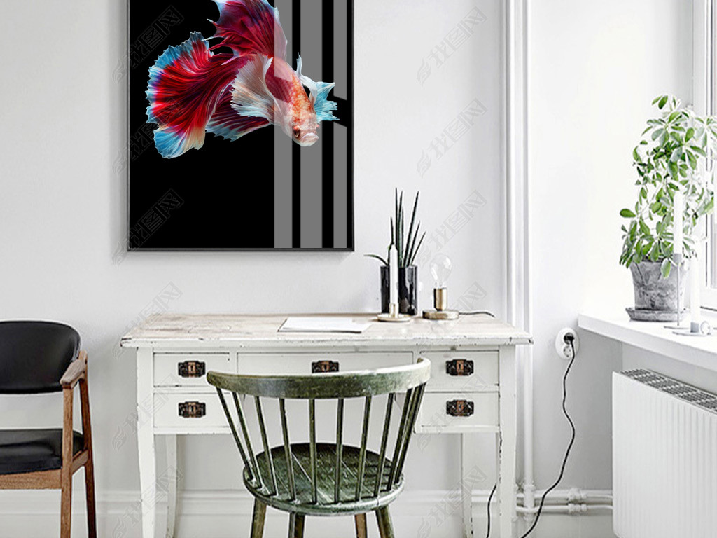 原创北欧风格简约粉红色斗鱼动物晶瓷画家居装