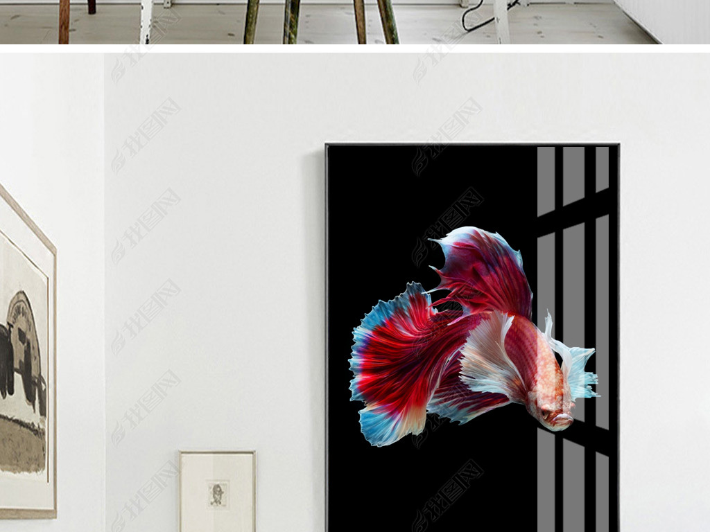 原创北欧风格简约粉红色斗鱼动物晶瓷画家居装