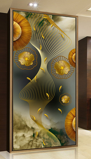 新中式抽象荷叶浪线鲤鱼3d浮雕装饰画