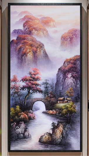竖幅装饰油画玄关新中式鸿运山水