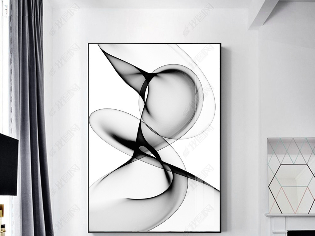 现代简约黑白抽象水墨艺术线条北欧装饰画一