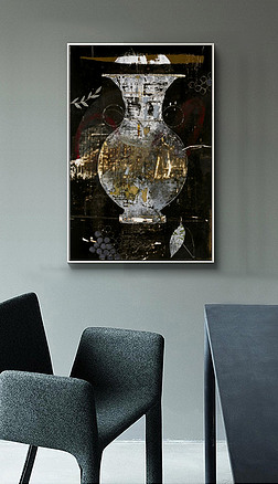 现代艺术手绘黑白油画花瓶抽象装饰画