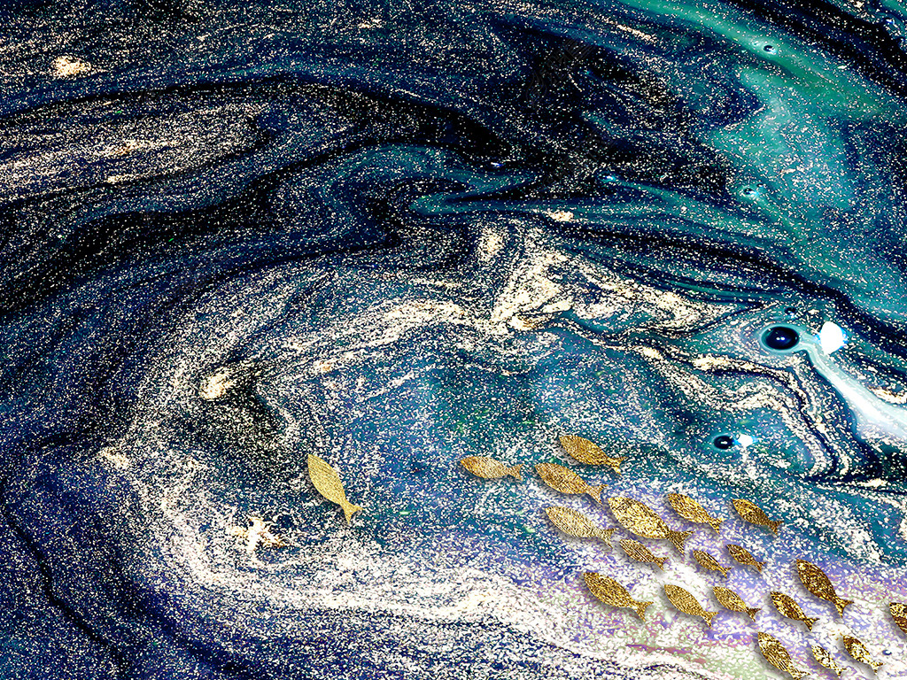 新中式海洋沙滩游鱼抽象画流体背景墙装饰画