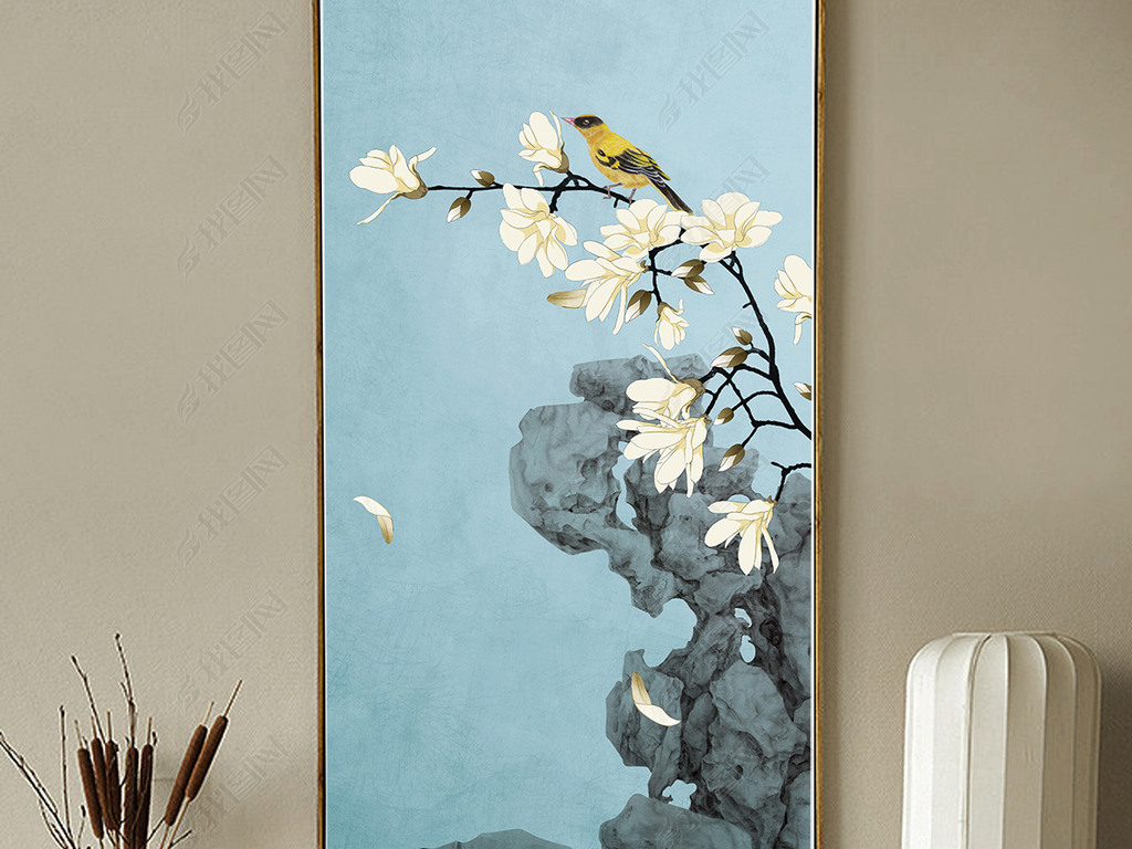 玉兰花工笔花鸟新中式古典玄关装饰画
