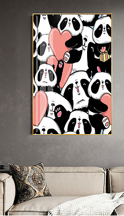 爱心卡通画装饰画|北欧创意卡通熊猫餐厅儿童房挂画客厅装饰画